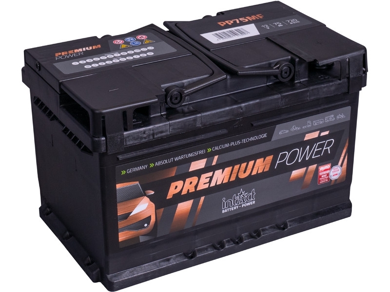 intAct Premium-Power PP75MF, Autobatterie 12V 75Ah 720A, mit 30% mehr Startleistung