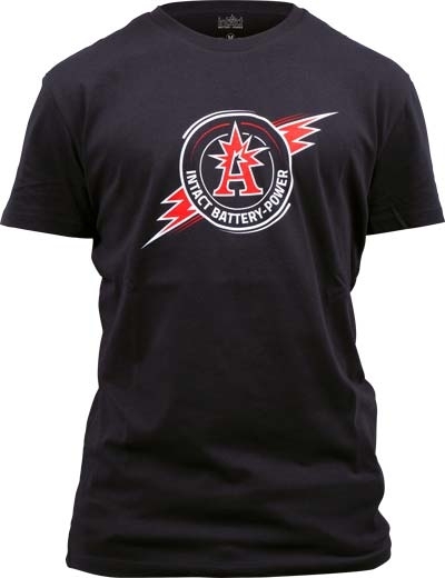 Schwarzes T-Shirt in Größe XXL mit farbigem "intAct Battery-Power" Badge