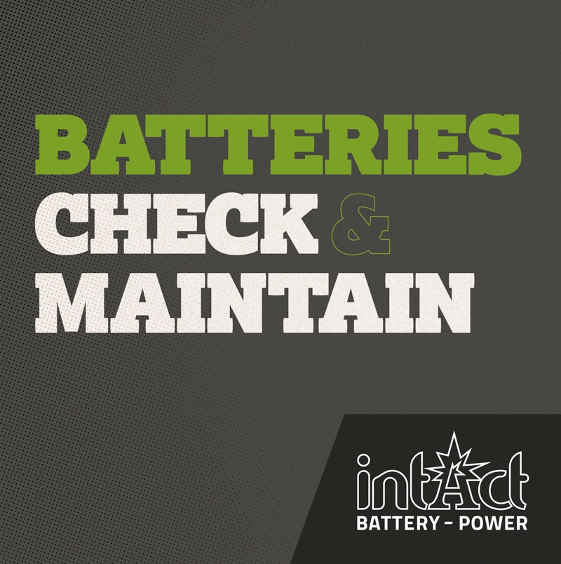 intAct Produktflyer "Batterien prüfen & pflegen" auf englisch