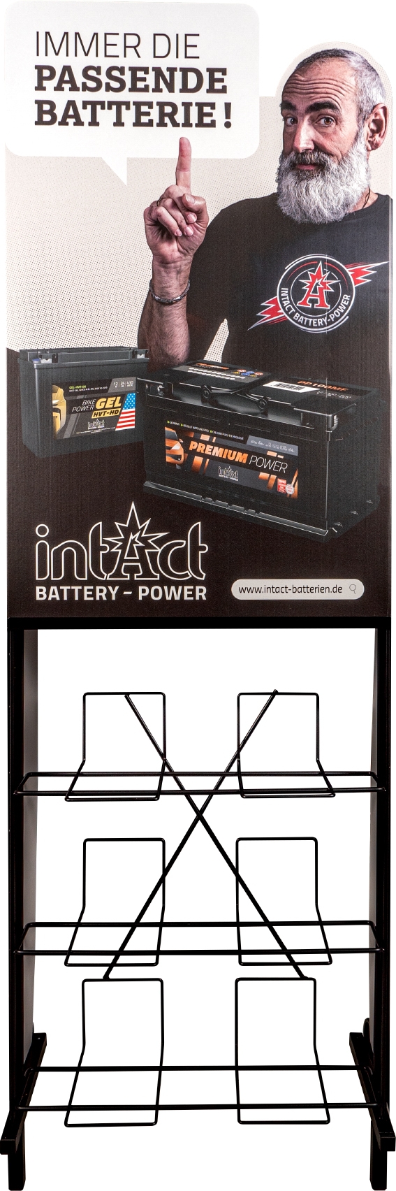 POS Batterieständer Set mit  Rollen, 3 Batteriefächern, 1 Flyerfach, inkl. 100 Flyern